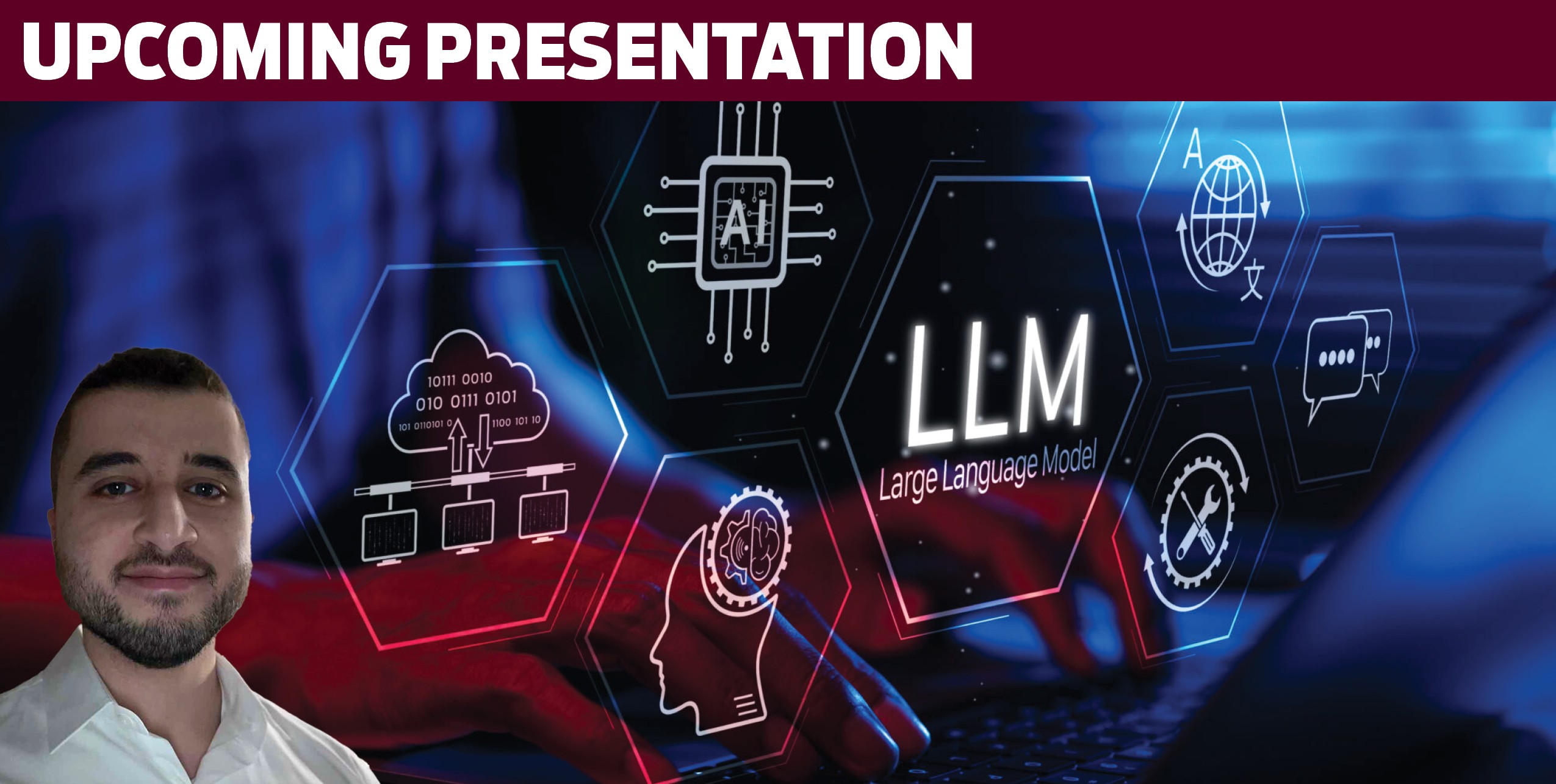Upcoming presentation banner with the speaker headshot
